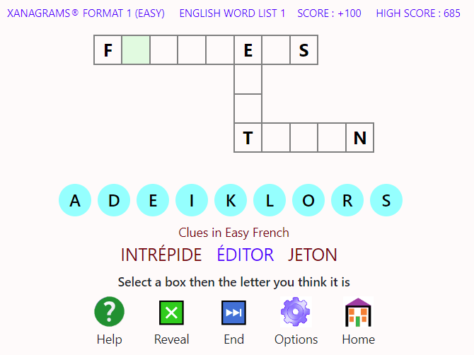 Screen shot showing an English Xanagrams game with easy French clues