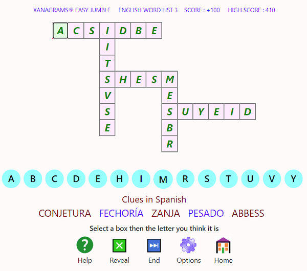 Screen shot of Xanagrams Easy Jumble with with Spanish clues