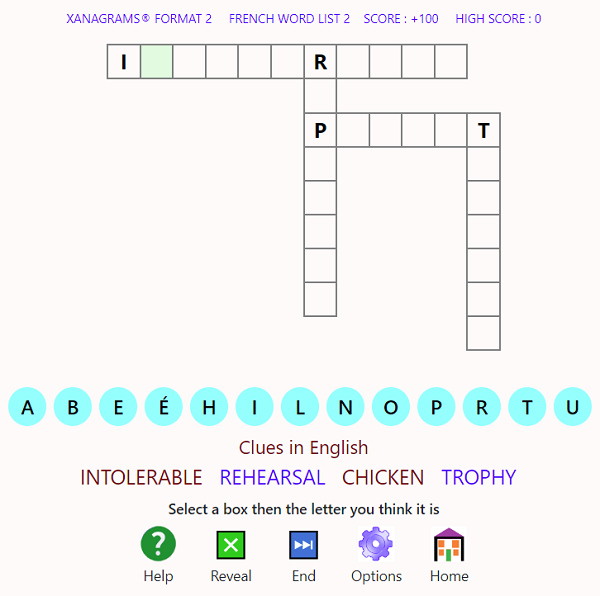 Screen shot showing a Xanagrams game with French words but English clues
